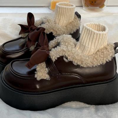 Winter Japanische Süße Plateau Schuhe Damen Warm Schleife Vintage Kawaii Pumps Plüsch Stiefeletten Weiblich Lässig Bequem Stiefel