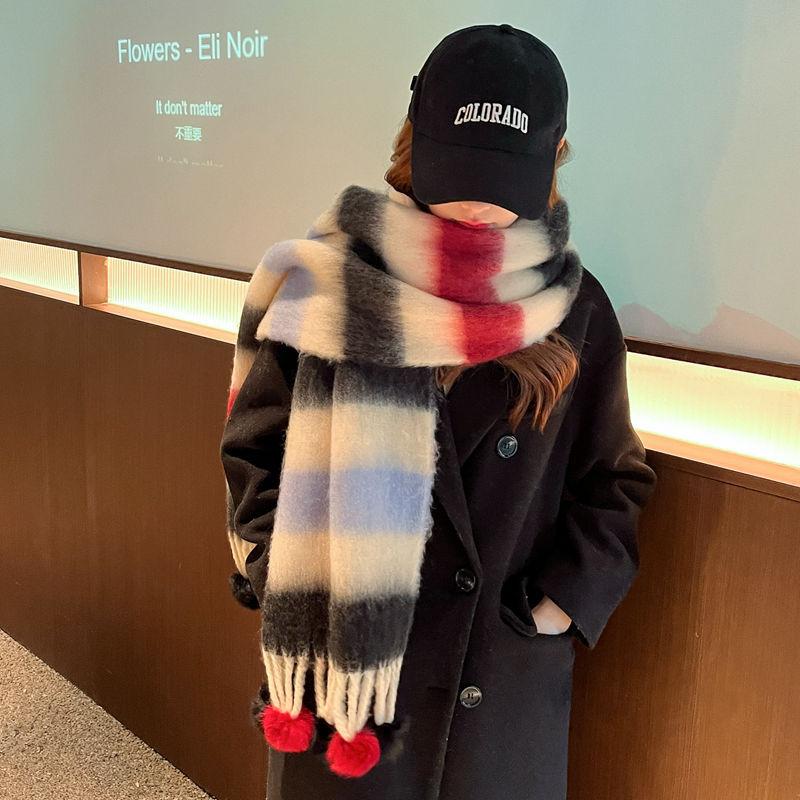 Rainbow scarf versatile couple mohair hanging hair ball dopamine winter Korean version thickened atmosphere couple shawl