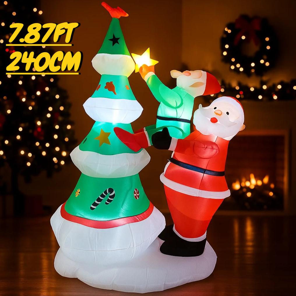 7.87FT Inflatable Santa Claus Elf Tree Toy Xmas Yard Lawn Party Decoration Festive Gift LED Lit Christmas Supplies Home Ornament