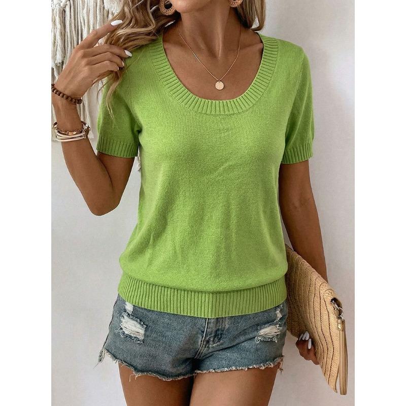 Women's Summer Thin Knitted Top, Slim Fit Short Sleeve Crew Neck T-Shirt
