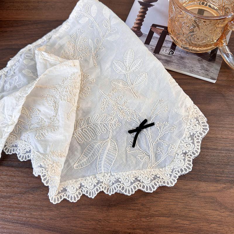 French Pastoral Lace Embroidered Bow Triangular Headscarf Female Head Mori Seaside Hair Accessories Photo Silk Scarf Headband