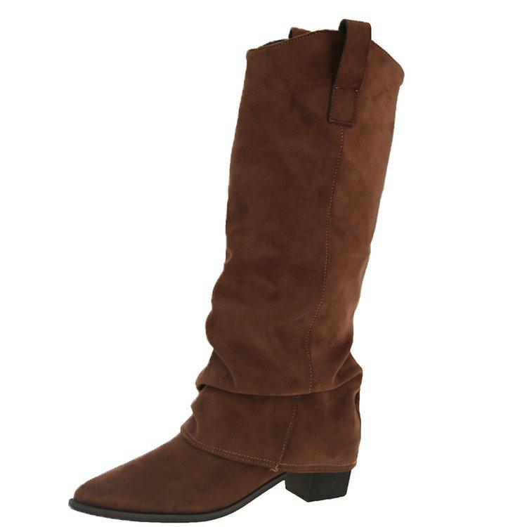 

Niche pleated trouser boots women s 2025 autumn and winter new large size tall knight boots pointed thick heel but knee boots 42