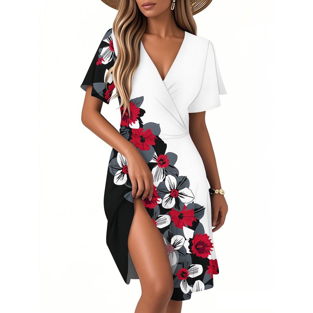 Women's Summer Classic Print Dress Casual Beach A-line V-neck Loose Sundress