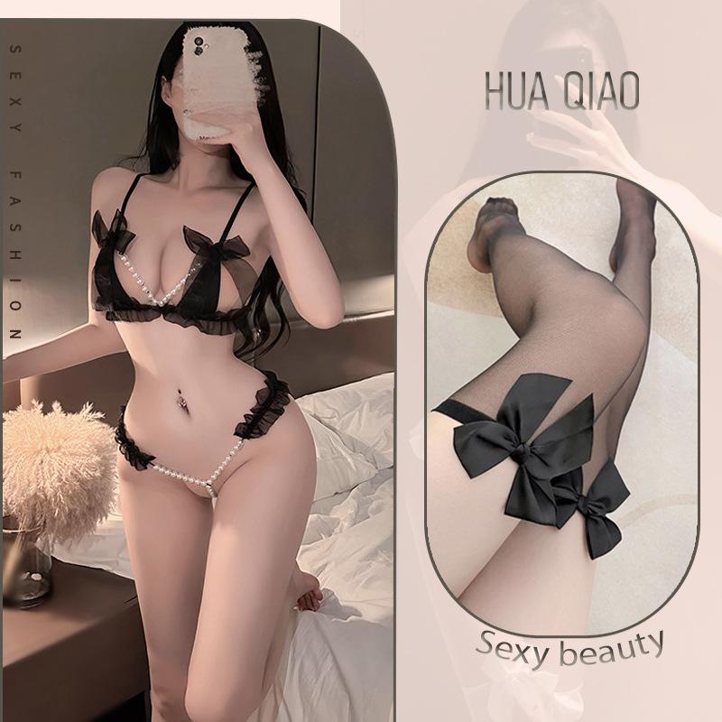 Sexy lingerie sexy lace three-point small chest shows big pearl seduction thong no-take suit female tease