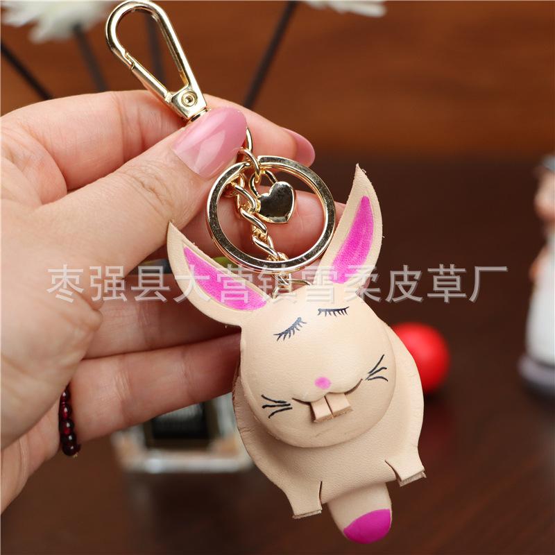 The First Layer Of Cowhide Bunny Pendant, Car Keychain, Leather Rope, Bag, Pendant, Accessories, Zodiac Gifts.