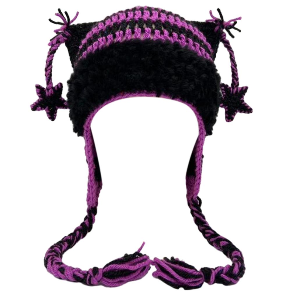 Cartoon Kitten Hat Girls Headgear for Outdoors Activities Skiing with Mini Ears Crocheted Beanie for Skiing Camping