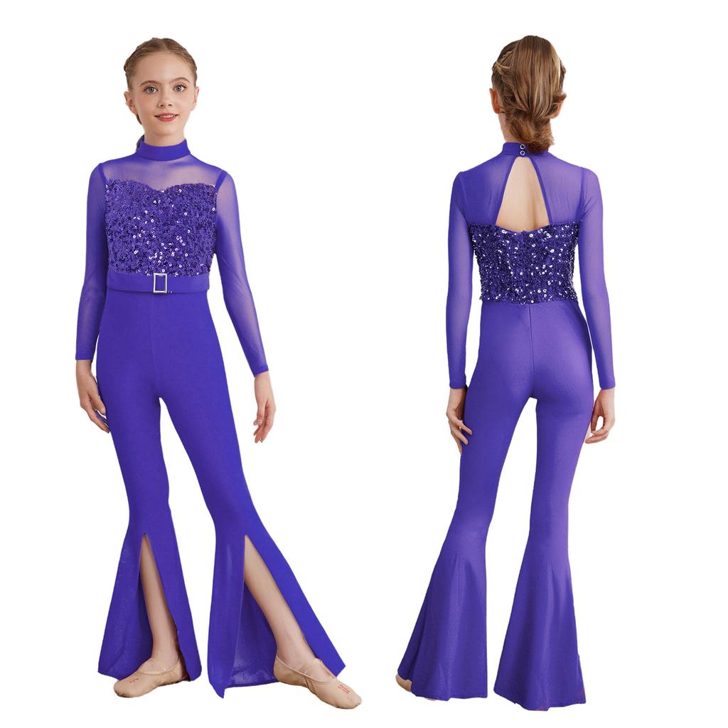 Girls Jazz Dance Jumpsuit: Mock Neck Long Sleeve with Cutout Back & Invisible Zipper, Sheer Mesh Sequins Bodice & Split Bell-Bottoms