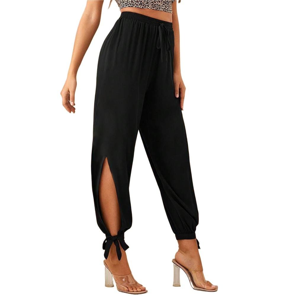 European and American foreign trade retro fashion sense commuter black high waist drawstring split strap leggings casual pants women S чёрный