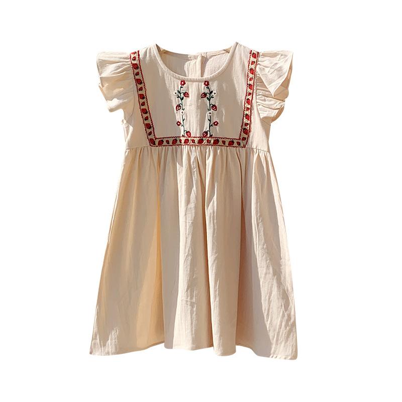 Girls Summer Strawberry Embroidered Dress Sweet Round Neck Flutter Sleeve Baby Dress Cute Casual Party Outfit For Kids