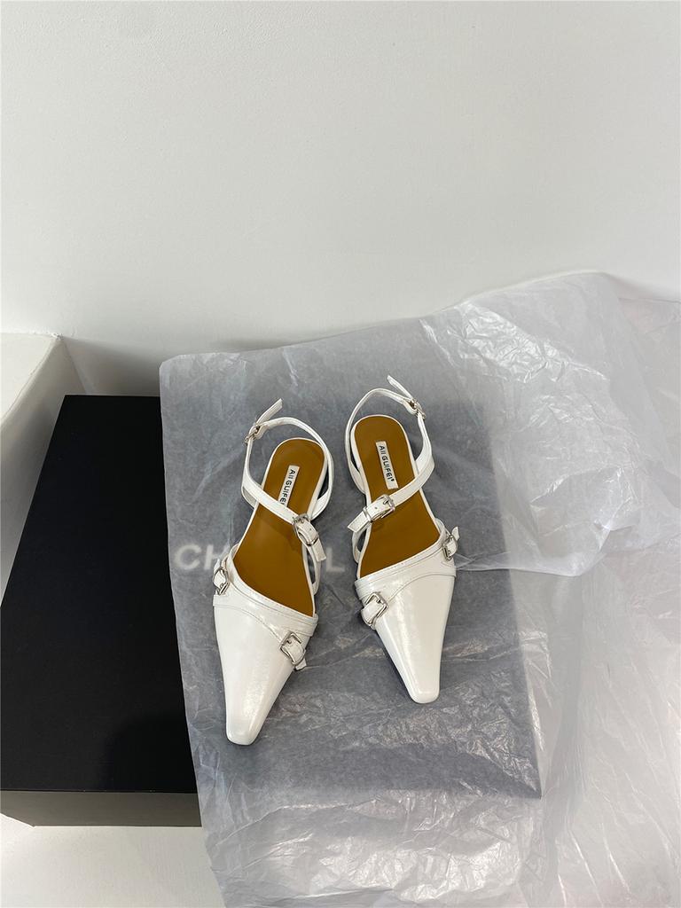 fashion Pointed Toe Women Sandals Flat Heeled Belt Buckle Elastic Back Strap Black Brown Red White 2024 New Arrivals Fashion Belt Buckle