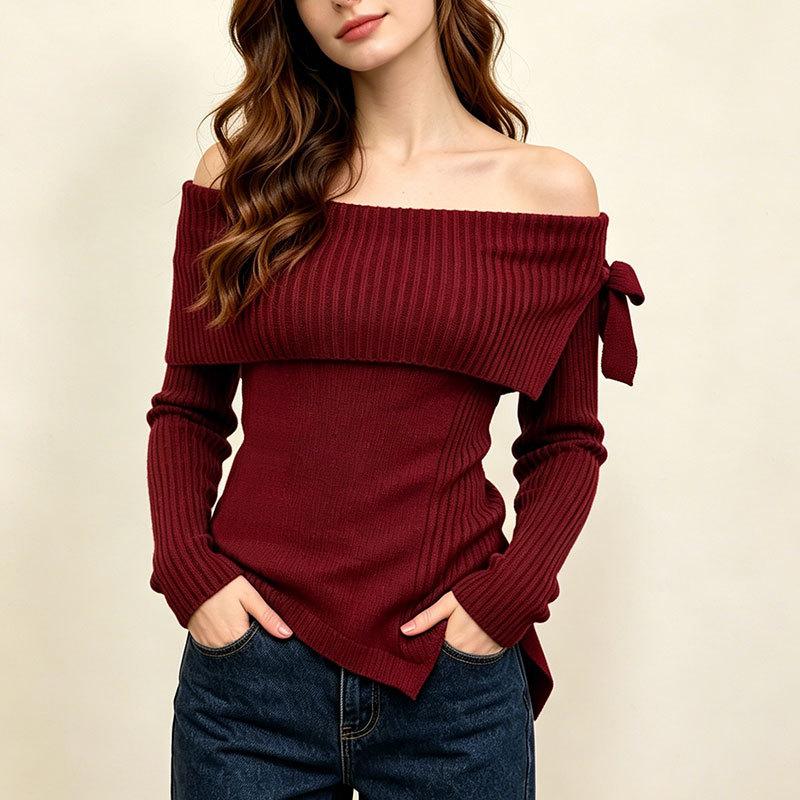 Damen S Langarm Strickpullover Schulterfrei Schleife Figurbetont Herbst Winter