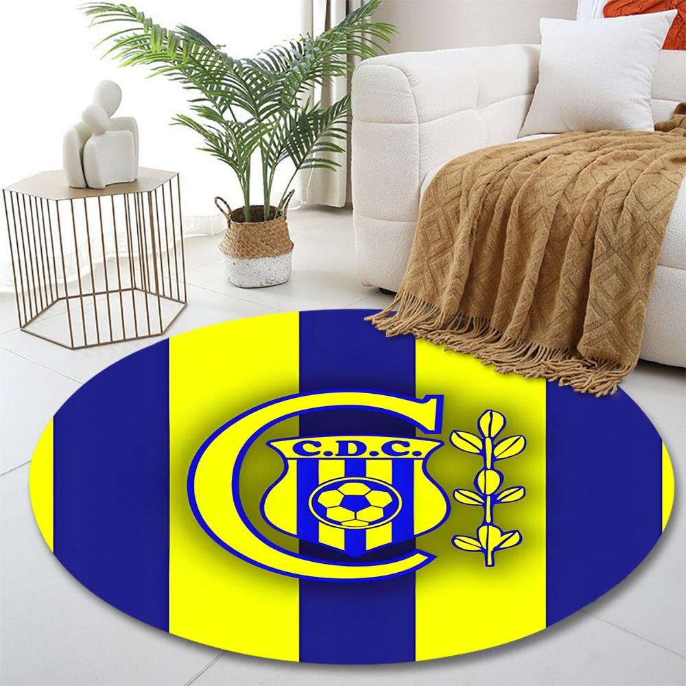 Round Rug CDC C Monogram Shield Soccer Ball Laurel Blue Yellow Stripes Soccer Club Crest Circular Rug for Football Fan Decor
