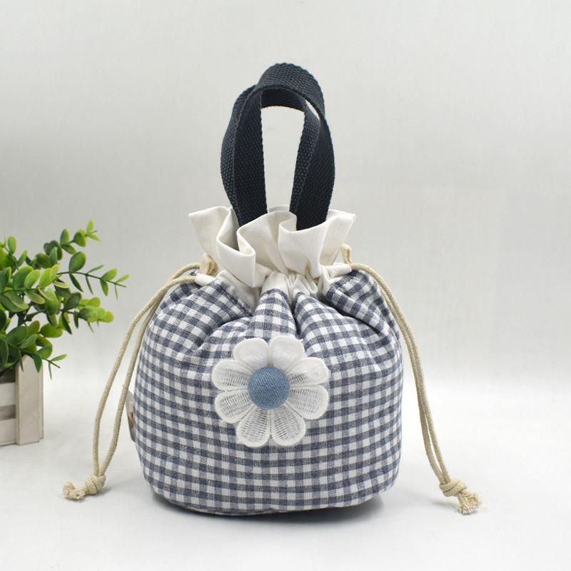 Canvas Bucket Bag, Women's Japanese Style Portable Bento Bag, Retro Artistic Small Bag, Drawstring Bag, Hand-held Lunch Box Bag