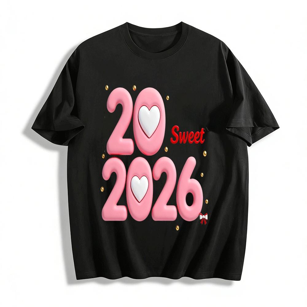 Sweet 2026 Heart Print Casual New Year Themed Top Pure cotton T-shirt XXS