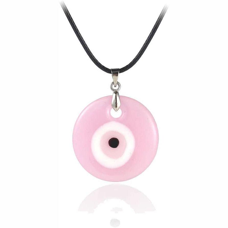 European & American Pink Wax Rope Necklace with Turkish Blue Evil Eye Pendant