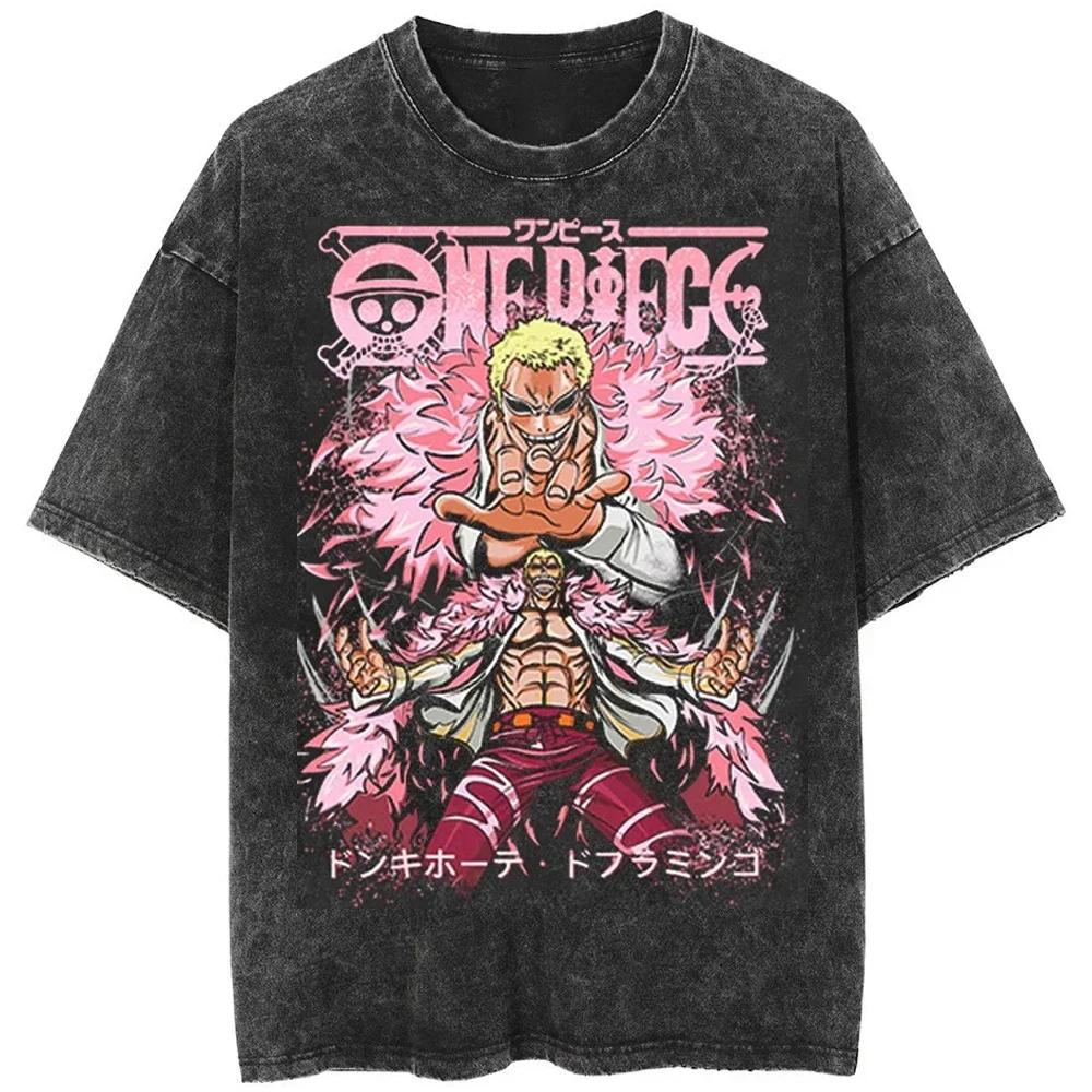 

Повседневная выстиранная мужская футболка Харадзюку, хлопковая выстиранная, с графикой японского аниме One Piece, свободная уличная одежда, черные топы, футболки 3XL