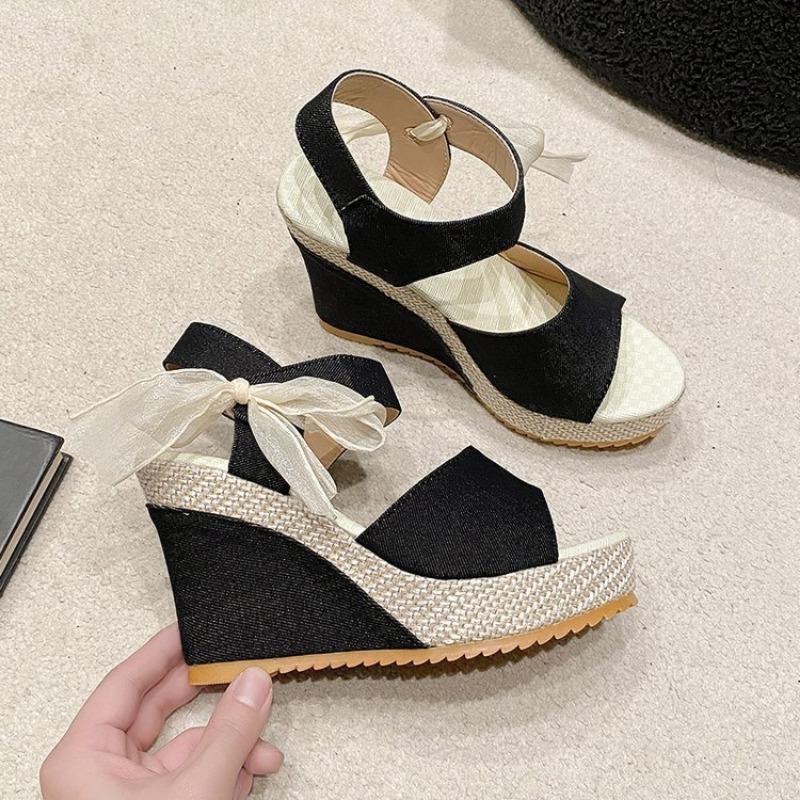 

New women s sandals wedge heel lace fish mouth women s Velcro one-word buckle muffin thick bottom 35 чёрный
