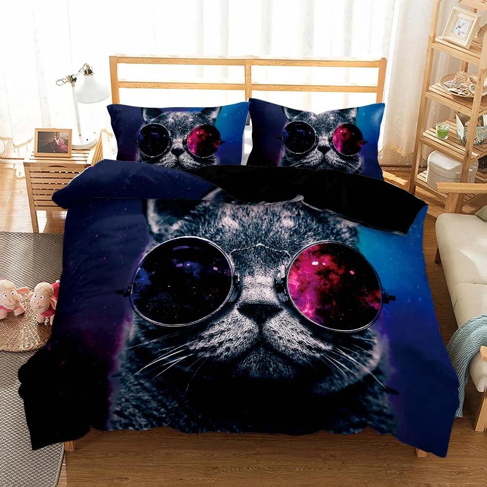 Galaxy Katze Kinder Steppdecke/Bettbezug mit Kissenbezügen Cartoon Tier Bettbezug Bettwäscheset Sternenhimmel Haustier Kind Bettbezugsets