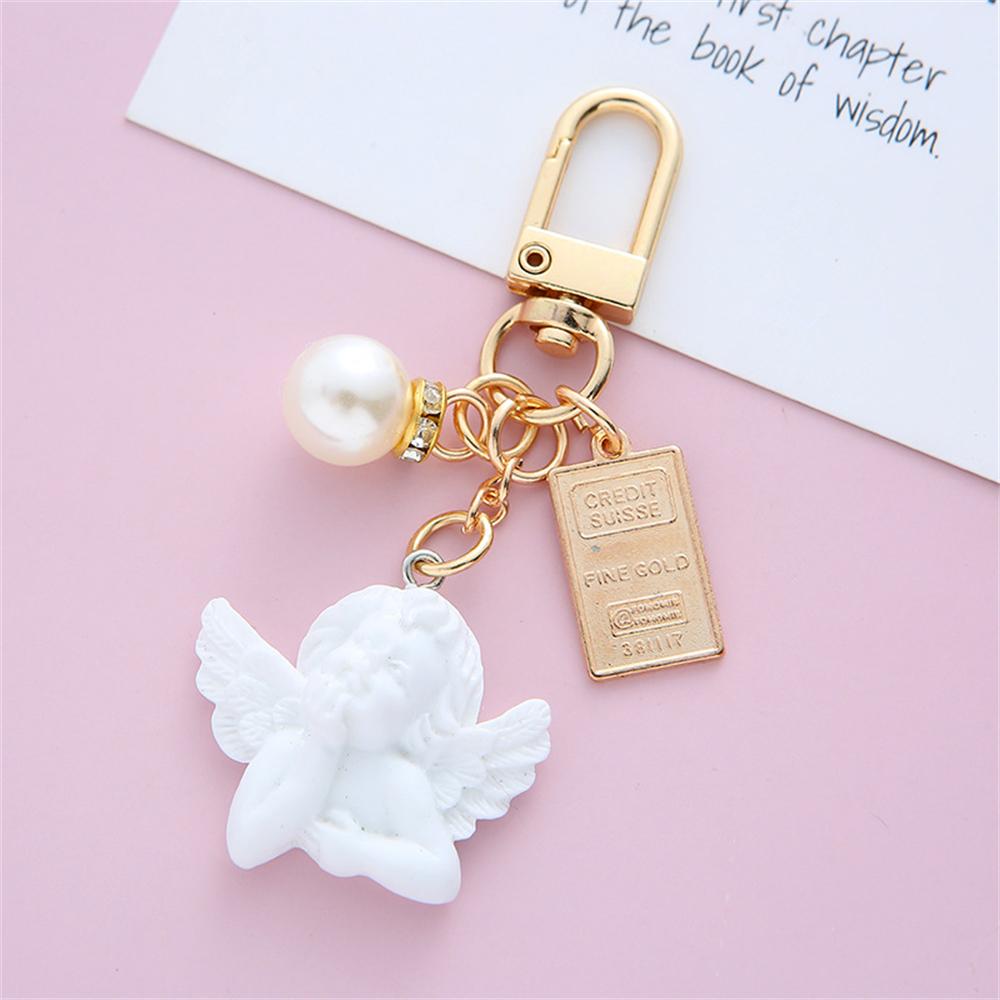 Creative White Angel Keychain Vintage Mini Pearl Keyring Gold Color Car Key Holder Bag Charms Accessories Holiday Gift For Women