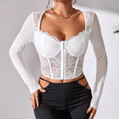 Col carré dentelle voir à travers chemise courte Sexy maille arête de poisson soutien-gorge dentelle Blouse femmes col en v épicé hauts pour filles pour femme 30375