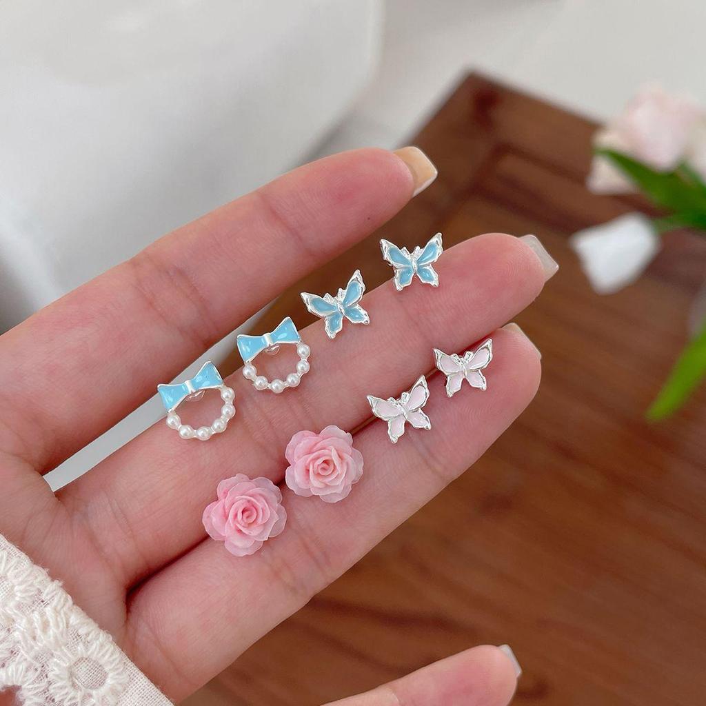 Women's Sweet Pink Rose & Butterfly Silver Earrings Set - 3 Pairs for a Fresh Summer Look