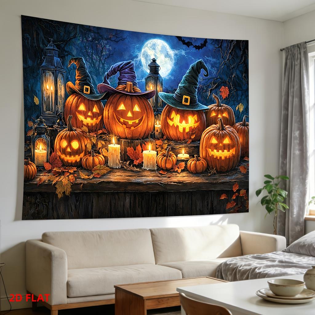 2D Flat - 2D Flat - Halloween Pattern Tapestry Display Pumpkin Candles Witch For Decor Living Room Office Party Decor Wall