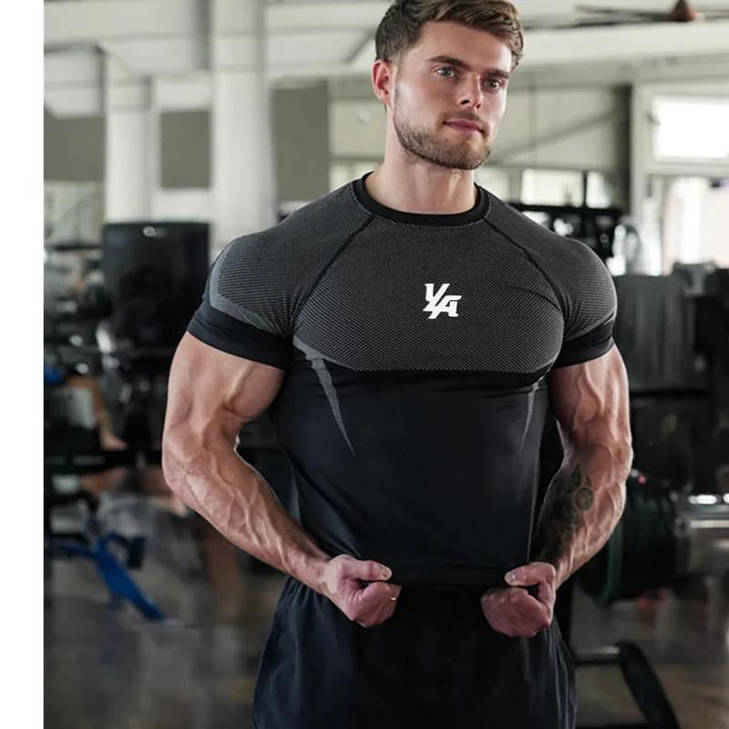

new summer Fitness mens short sleeved Tshirt sportswear running training elastic slim fit fashionable printed round neck M