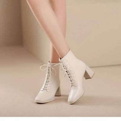 Square Head Short Boots Versatile High-heeled Women's Autumn and Winter Lace-up Martin Boots Thin and Velvet Naked New White Independent Station