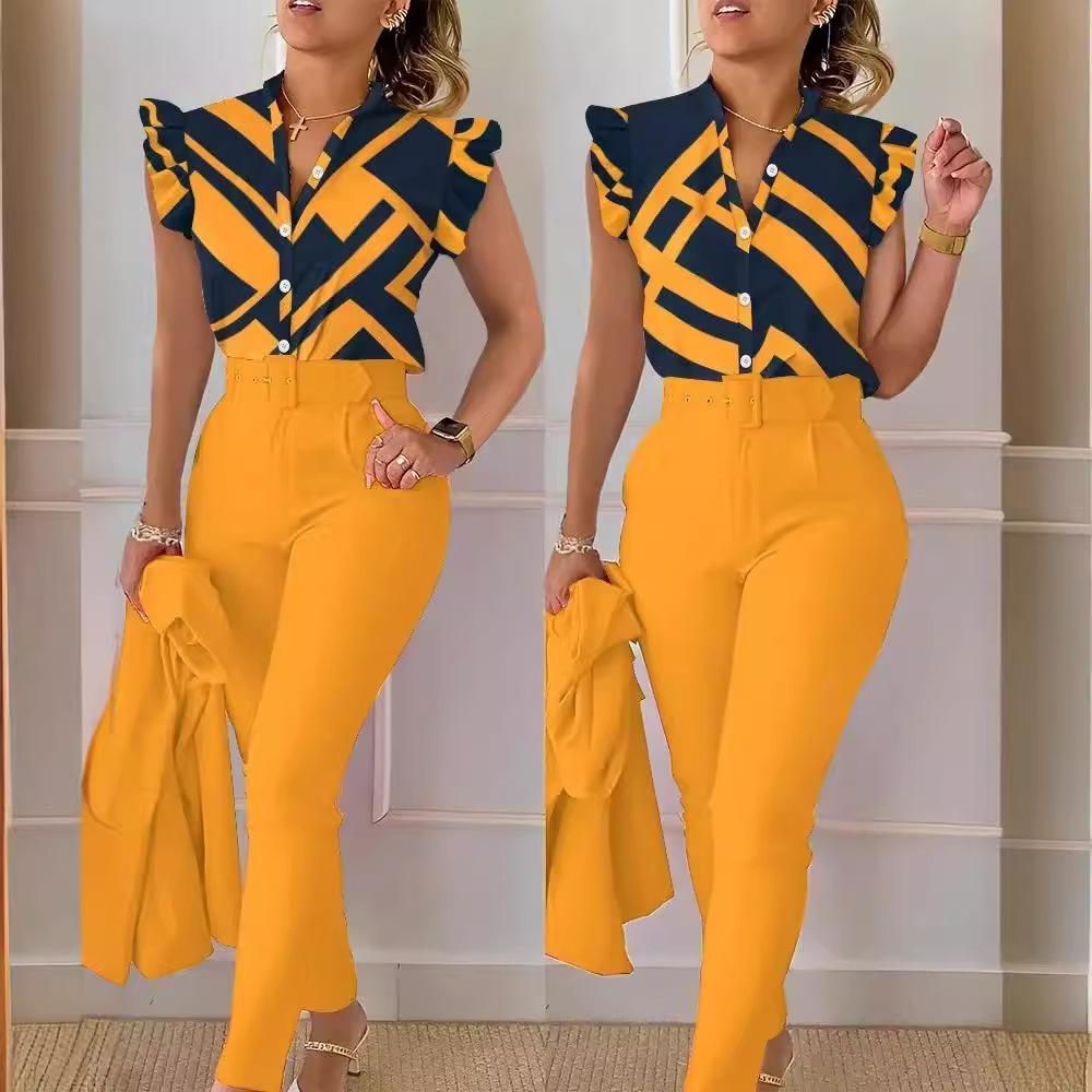 Conjunto de duas peças feminino elegante, moda, estampado, mangas bufantes, top, calças de cor sólida, conjunto com cinto, blusas, roupas femininas