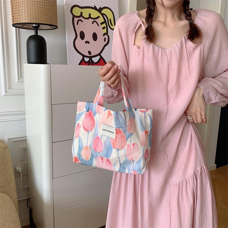 Vintage Oil Painting Flower Handbag Sundries Storage Bag Women's Cute Bento Bag Literary Handbag