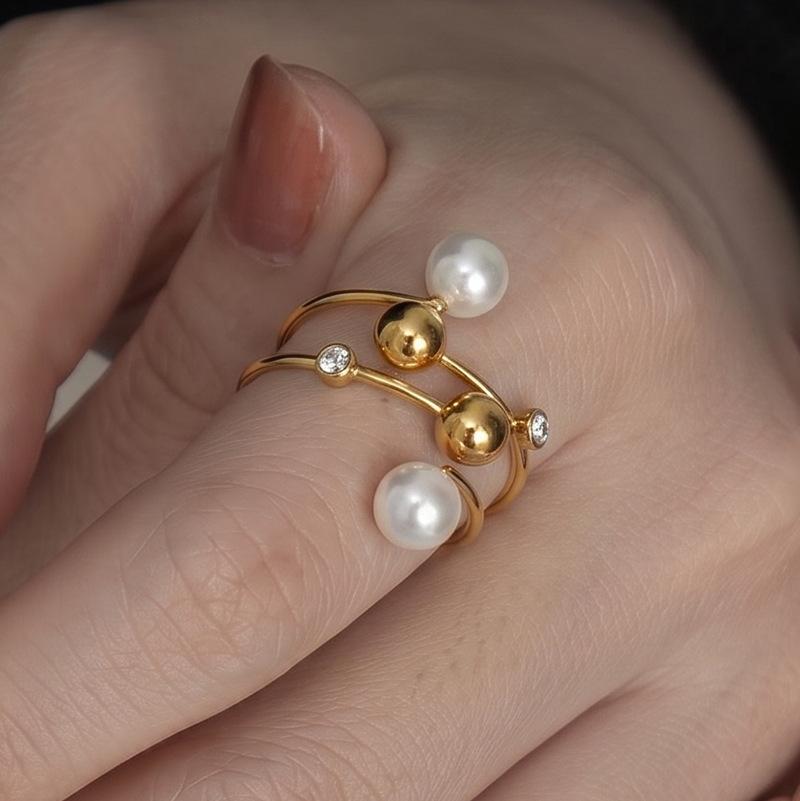 European and American light luxury multi-layer winding pearl opening ring 18K gold-plated stainless steel double round bead diamond jewelry