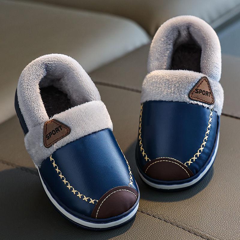 Waterproof Non-Slip Winter Warm Cotton Slippers with Velvet & PU Leather for Men, Women, & Kids