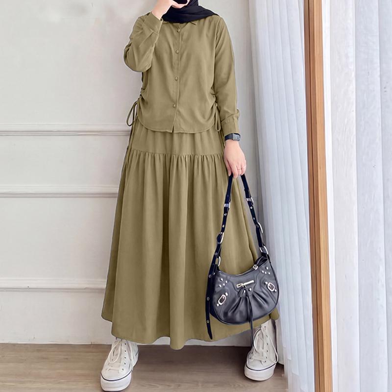 ZANZEA Women Long Sleeve Blouse and Long Skirts Casual Two Piece Suit Sets