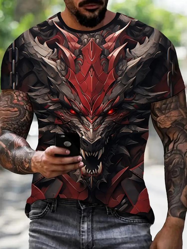 Men's 3D Dragon Print T-Shirt Summer Street Casual Crew Neck Short Sleeve Clothes Tee Tops Fashion Harajuku Oversized T-Shirt