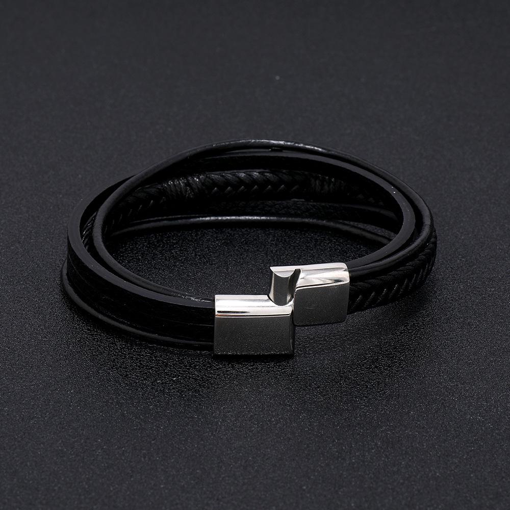 Korean Style Multi-Layer Leather Braided Bracelet with Magnetic Buckle - Men's Imitation Leather Jewelry
