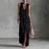 Women's Summer Cotton Linen Shirt Dress Sleeveless Button Down Hooded Maxi Dress Casual Tunic Beach Sundress