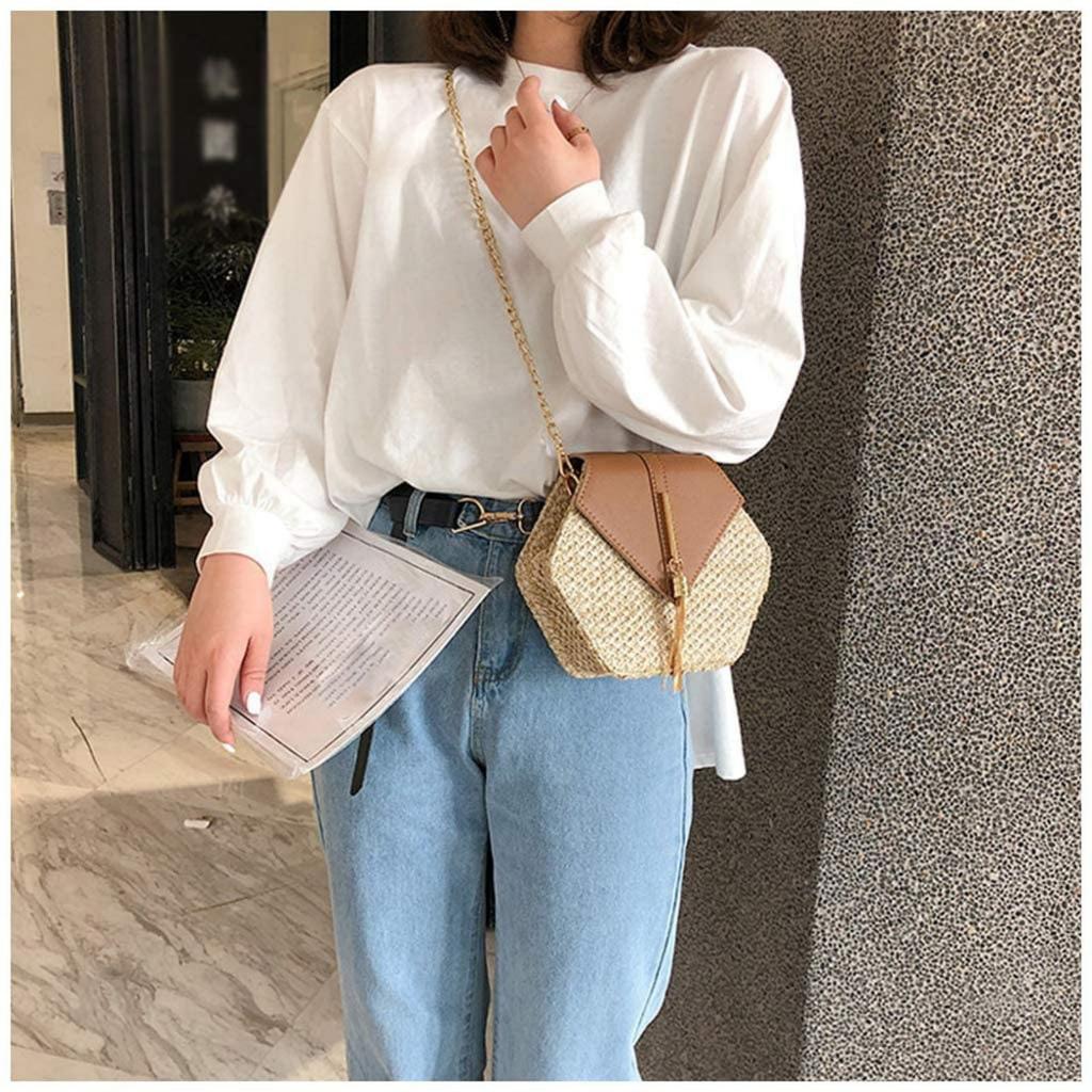 Women's Bag Woven Hexagonal Women's Bag Solid Color Single Shoulder Crossbody Bag Straw Bag Tassel Chain Bag