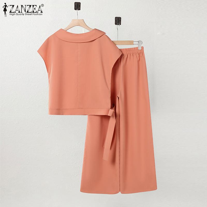 ZANZEA Damen Kurzarm Bluse und Hose Sommer Zweiteiler Anzugsets