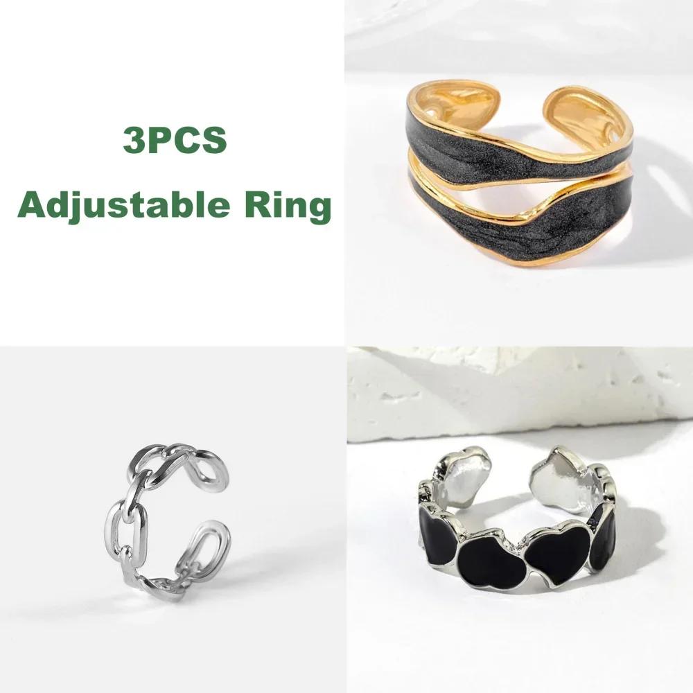 1/3PCS Adjustable White Black Multi Love Heart Cuff Stainless Steel Ring bandChunky Stackable Open Band Rings For Women Jewelry