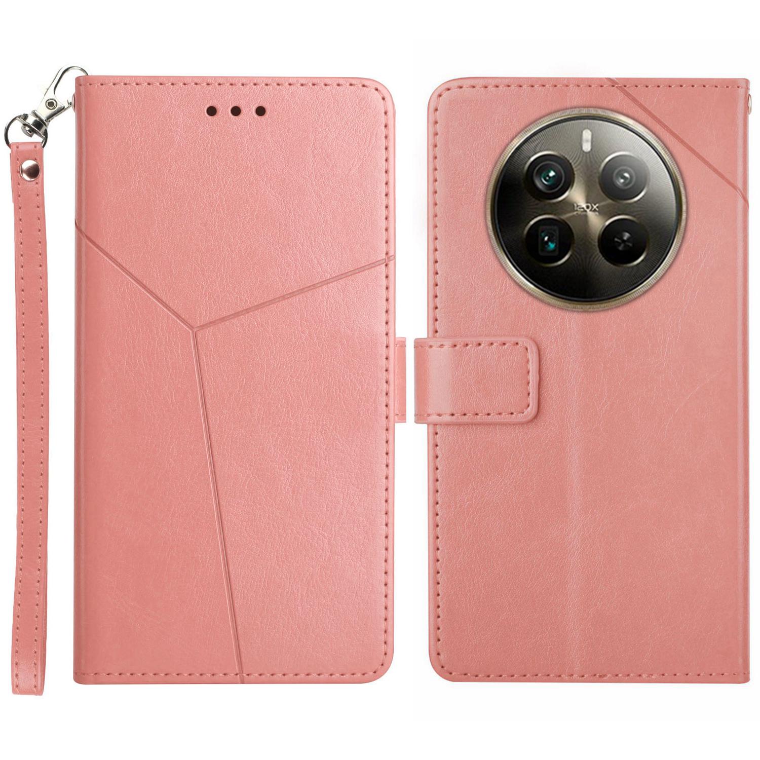 

For Realme 12 4G/12+ 5G Case with Wrist Strap Y Shaped Lines Imprint Leather Phone Cover Pink