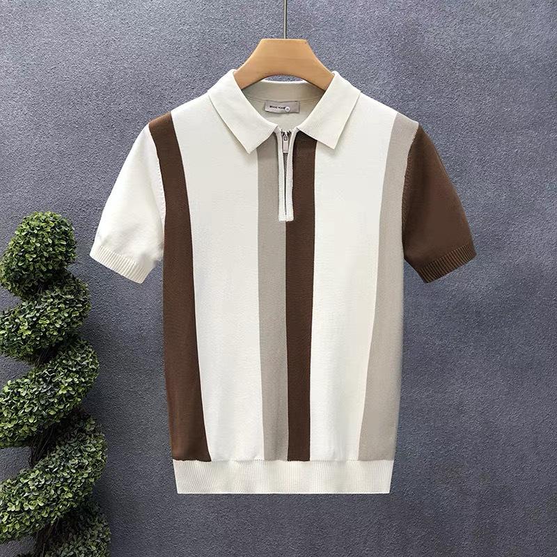 Men's Trendy British Color Block Stripe Ice Silk Polo Shirt