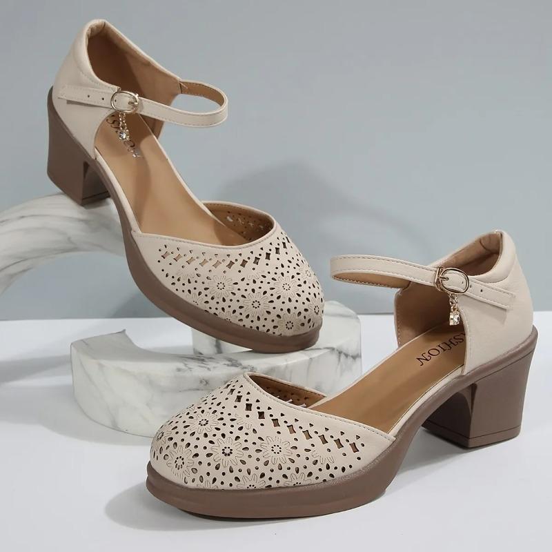 Retro Versatile Women's Sandals Open Toe Hollow out Mid Heel Mom Shoes Buckle Single Shoes Comfortable Rubber Sole Footwear