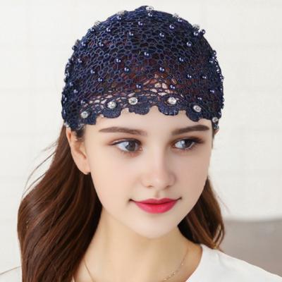 Fascia per capelli da donna in pizzo con decorazioni di perle sintetiche, fascia elastica larga con design a fiore a 5 petali, accessorio per capelli