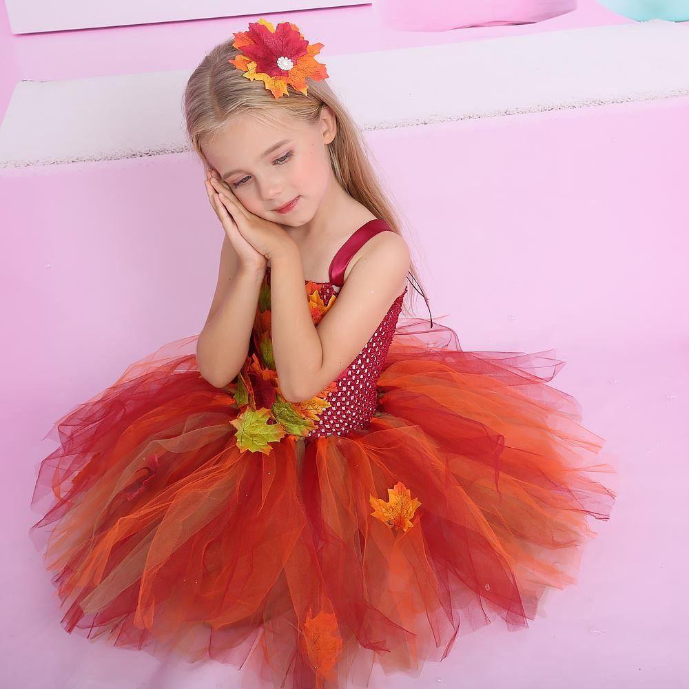 Maple Leaves Princess Dress with Hairpin Tulle Dress Fashion Dance Costumes Girls