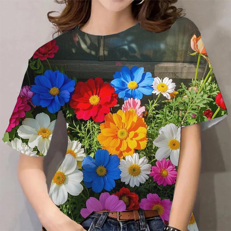 Women's Floral Print Casual T-Shirt - Short Sleeve Top