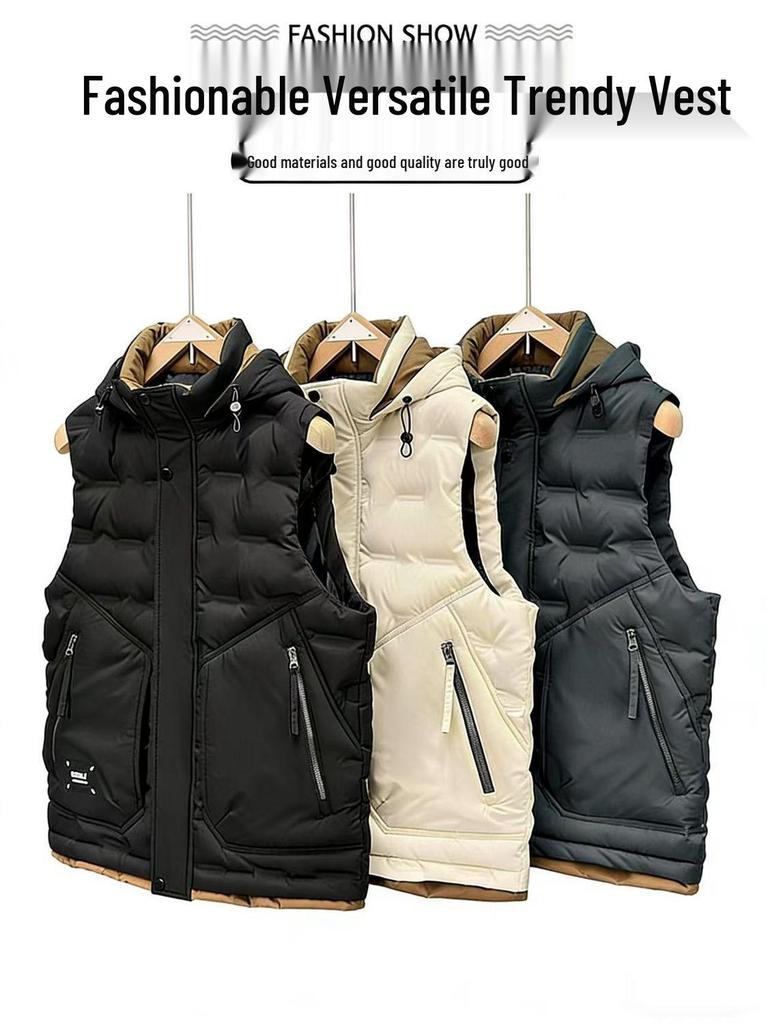 Men's Trendy Hooded Sleeveless Cotton Vest for Autumn/Winter