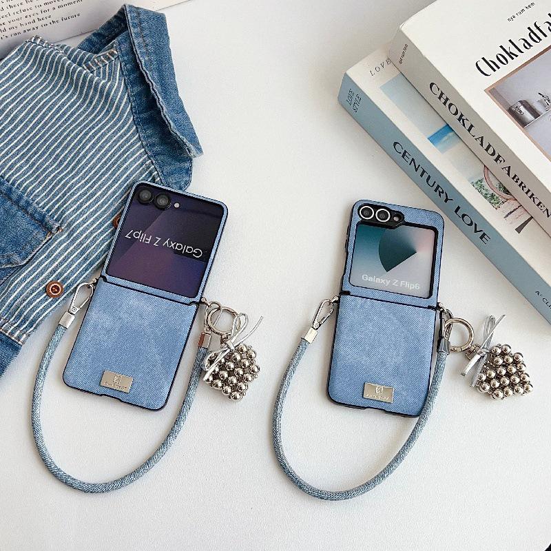 Samsung Z Flip7 Case: Stylish Denim Texture, Drop-Proof, Foldable Screen Protection, Anti-Lost Wrist Strap, Lanyard Included.