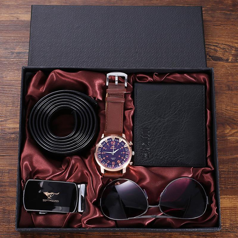 5-Piece Creative Gift Set: Business Watch with Leather Strap, Glasses, and Wallet