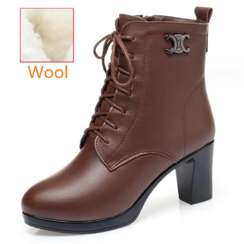 Women Genuine Leather Ankle Boots 2025 Autumn Winter Thick Wool Comfortable Thick High Heels Women Snow Boots Platform Shoes