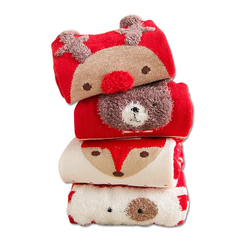 4 Pary Damskich Jesienno-Zimowych Kreskówkowych Świątecznych Trójwymiarowych Prostej Płyty Tubowych Dużych Czerwonych Skarpet